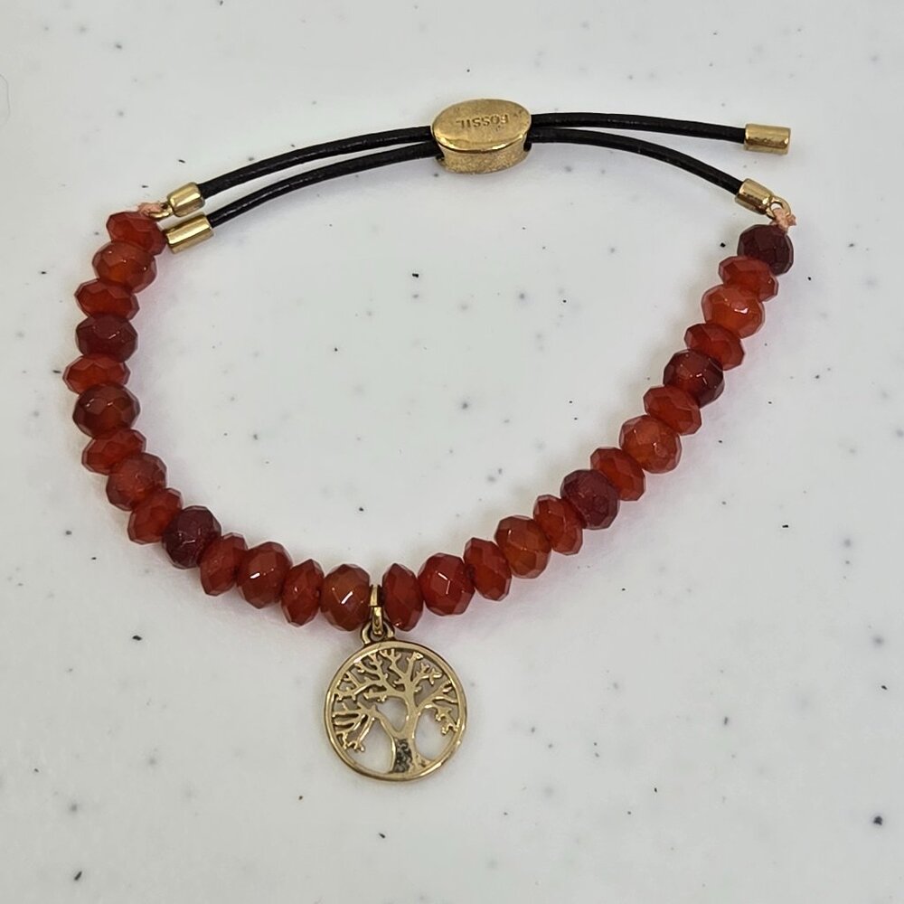 Fossil Tree Of Life Bracelet Orange Beaded Gold Tone Charm Adjustable‎ Stretch